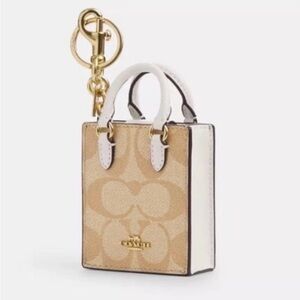 NEW Coach North South Mini Tote Bag Purse Charm Keyring Khaki/White